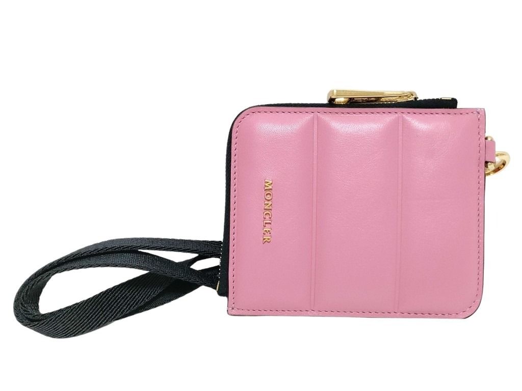 MONCLER モンクレール コインケース フラット ウォレット スモール ピンク レザー レディース L字ファスナー ロゴ ショルダーウォレット ゴールド金具 美品