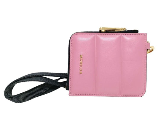 MONCLER モンクレール コインケース フラット ウォレット スモール ピンク レザー レディース L字ファスナー ロゴ ショルダーウォレット ゴールド金具 美品