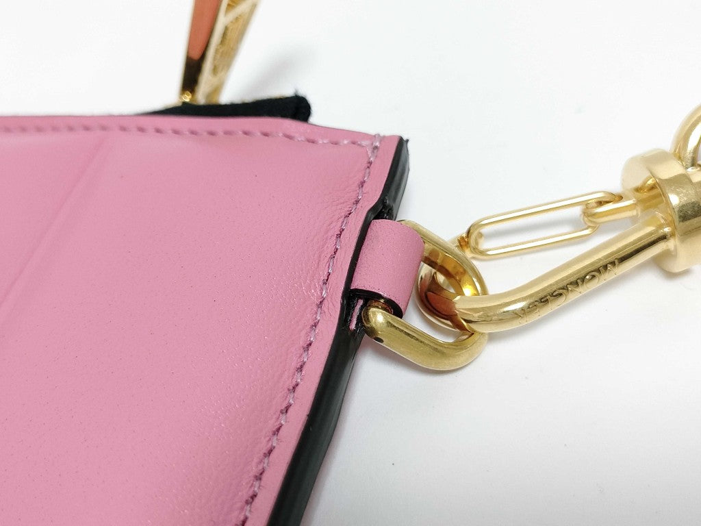 MONCLER モンクレール コインケース フラット ウォレット スモール ピンク レザー レディース L字ファスナー ロゴ ショルダーウォレット ゴールド金具 美品