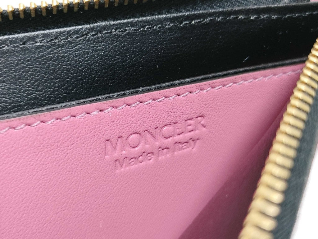 MONCLER モンクレール コインケース フラット ウォレット スモール ピンク レザー レディース L字ファスナー ロゴ ショルダーウォレット ゴールド金具 美品