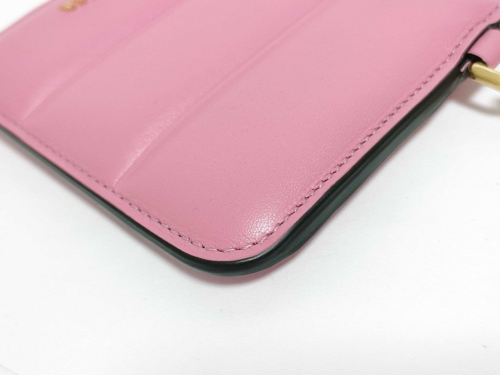 MONCLER モンクレール コインケース フラット ウォレット スモール ピンク レザー レディース L字ファスナー ロゴ ショルダーウォレット ゴールド金具 美品