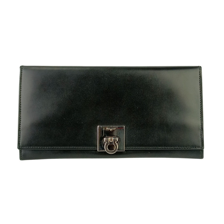 Salvatore Ferragamo フェラガモ 長財布 ガンチーニ ロングウォレット 22 8601 ブラック カーフレザー レディース 二つ折り シルバー金具