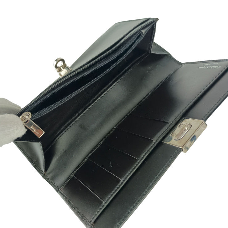 Salvatore Ferragamo フェラガモ 長財布 ガンチーニ ロングウォレット 22 8601 ブラック カーフレザー レディース 二つ折り シルバー金具