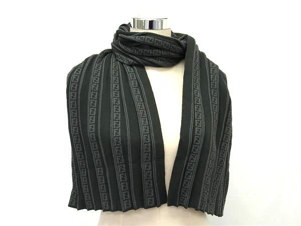 FENDI フェンディ マフラー ズッキーノ ブラック グレー ウール100％ ユニセックス 美品