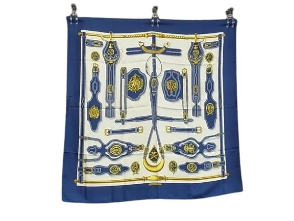 HERMES エルメス スカーフ カレ90 ブルー ホワイト シルク100% レディース HARNAIS DES PRESIDENTS 大統領の馬具 美品