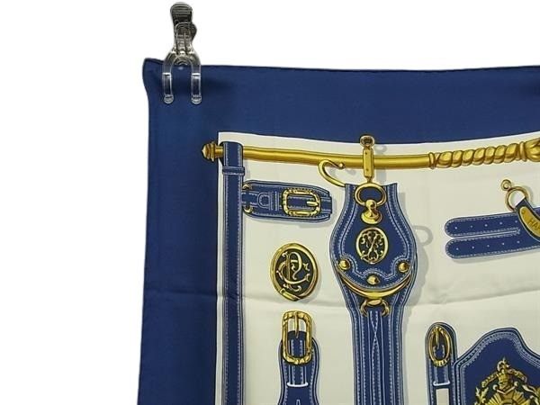 HERMES エルメス スカーフ カレ90 ブルー ホワイト シルク100% レディース HARNAIS DES PRESIDENTS 大統領の馬具 美品