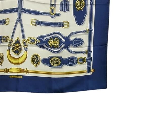 HERMES エルメス スカーフ カレ90 ブルー ホワイト シルク100% レディース HARNAIS DES PRESIDENTS 大統領の馬具 美品