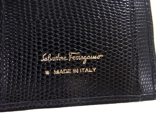 Salvatore Ferragamo フェラガモ 財布 ヴァラ 223059 ブラック リザード型押しレザー レディース 二つ折り 長財布 ゴールド金具 美品