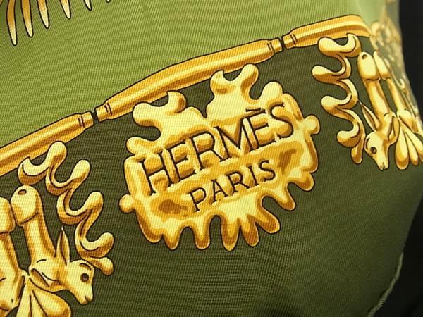 HERMES エルメス スカーフ カレ90 グリーン系 シルク100% レディース CAVALIERS D’OR 黄金の騎士 美品