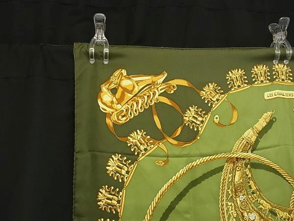 HERMES エルメス スカーフ カレ90 グリーン系 シルク100% レディース CAVALIERS D’OR 黄金の騎士 美品