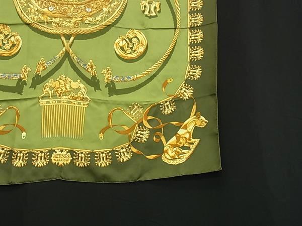 HERMES エルメス スカーフ カレ90 グリーン系 シルク100% レディース CAVALIERS D’OR 黄金の騎士 美品