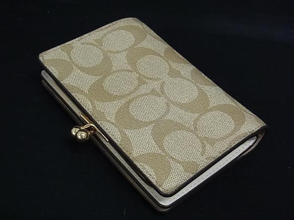 COACH コーチ 二つ折り財布 キスロック ミディアム ウォレット C8724 ベージュ系 シグネチャーキャンバス レザー レディース がま口 ゴールド金具 新古未使用展示品