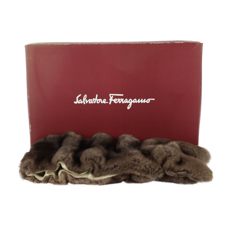 超美品 Salvatore Ferragamo サルヴァトーレ フェラガモ 襟巻 マフラー - ラビットファー シルク ブラウン系 ゴールド金具 ティペット SILKY REX 毛皮
