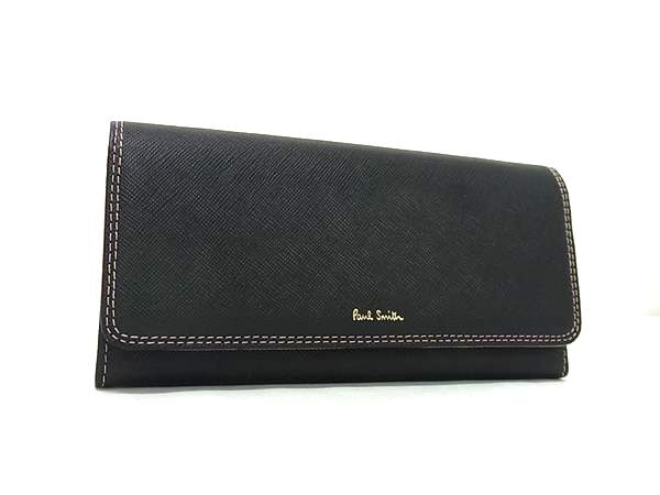 Paul Smith ポールスミス 二つ折り財布 クロスグレイン 長財布 PWD526 ブラック ピンク レザー レディース ゴールド金具 超美品