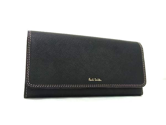 Paul Smith ポールスミス 二つ折り財布 クロスグレイン 長財布 PWD526 ブラック ピンク レザー レディース ゴールド金具 超美品