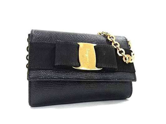 Salvatore Ferragamo フェラガモ ショルダーバッグ ヴァラ・リボン チェーンショルダーバッグ 21 3202 ブラック リザード型押しレザー レディース ゴールド金具