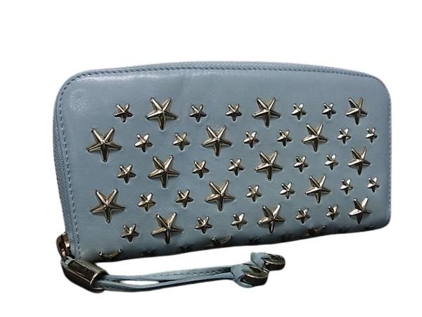 JIMMY CHOO ジミーチュウ 財布 フィリパ ライトブルー レザー レディース スタースタッズ ラウンドファスナー 長財布