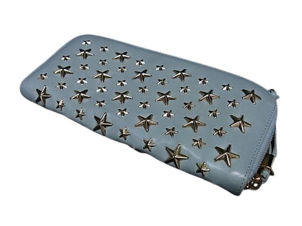 JIMMY CHOO ジミーチュウ 財布 フィリパ ライトブルー レザー レディース スタースタッズ ラウンドファスナー 長財布