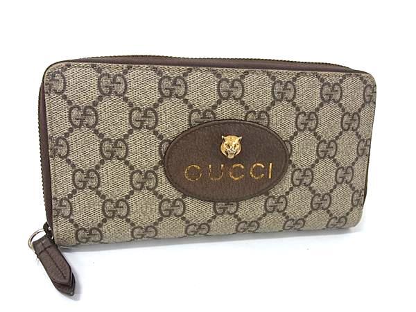 GUCCI グッチ 長財布 ネオ ヴィンテージ ジップアラウンドウォレット 473953 ベージュ×エボニー GGスプリームキャンバス レザー ユニセックス キャットヘッド ゴールド金具