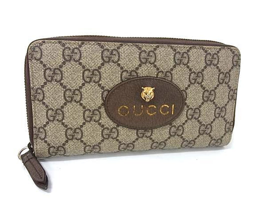 GUCCI グッチ 長財布 ネオ ヴィンテージ ジップアラウンドウォレット 473953 ベージュ×エボニー GGスプリームキャンバス レザー ユニセックス キャットヘッド ゴールド金具