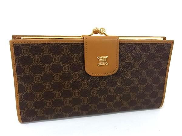 CELINE セリーヌ 財布 マカダム がま口 長財布 ブラウン系 PVC レザー レディース ゴールド金具 美品
