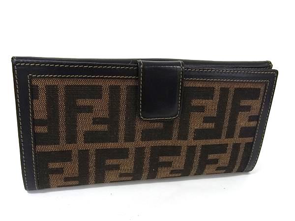 FENDI フェンディ 二つ折り財布 ズッカ Wホック 長財布 2804 01339 ブラウン系×ブラック系 キャンバス×レザー ユニセックス SAS ヴィンテージ 美品