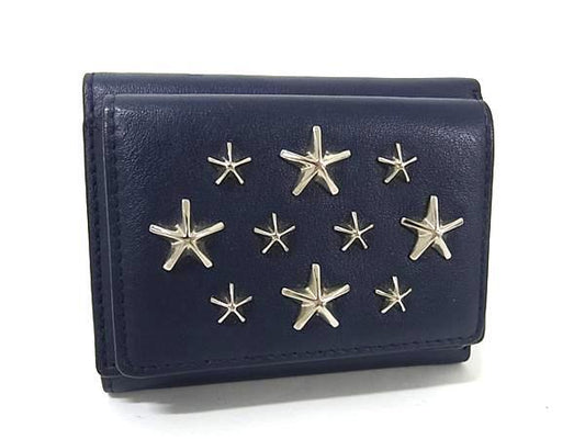JIMMY CHOO ジミーチュウ 三つ折り財布 JAYDEN ジェイデン ネイビー系 レザー ユニセックス スタースタッズ 美品