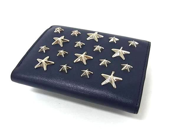 JIMMY CHOO ジミーチュウ 三つ折り財布 JAYDEN ジェイデン ネイビー系 レザー ユニセックス スタースタッズ 美品