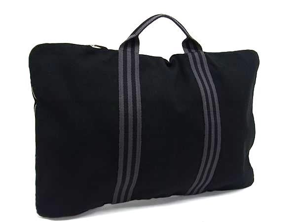 HERMES エルメス ビジネスバッグ フールトゥ ポルトドキュマン ブラック系 キャンバス ユニセックス ブリーフケース シルバー金具 美品