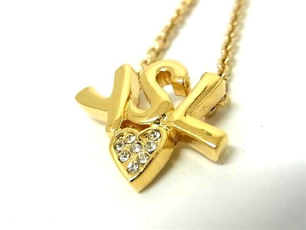 YVES SAINT LAURENT イヴ サンローラン ネックレス YSL ロゴ ハート ネックレス ゴールド メタル ラインストーン レディース 美品