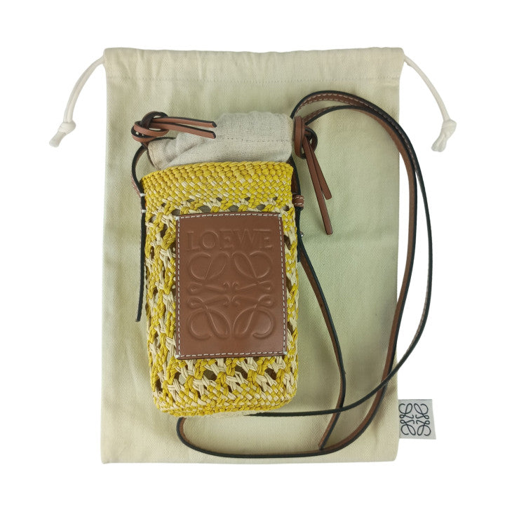 LOEWE ロエベ ショルダーバッグ アナグラム シリンダーポケットショルダーバッグ C630P71X01 イエロー ブラウン ラフィア レザー レディース シルバー金具