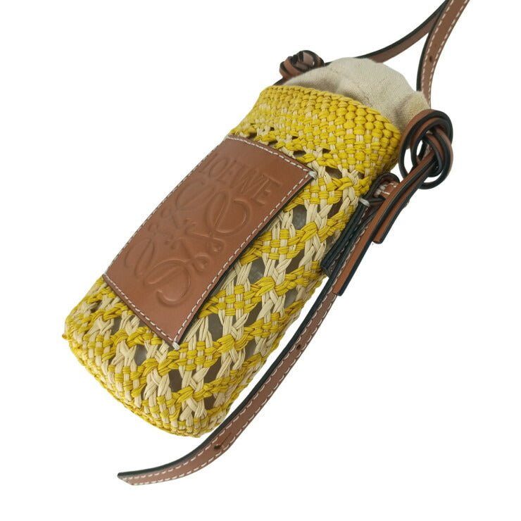 LOEWE ロエベ ショルダーバッグ アナグラム シリンダーポケットショルダーバッグ C630P71X01 イエロー ブラウン ラフィア レザー レディース シルバー金具