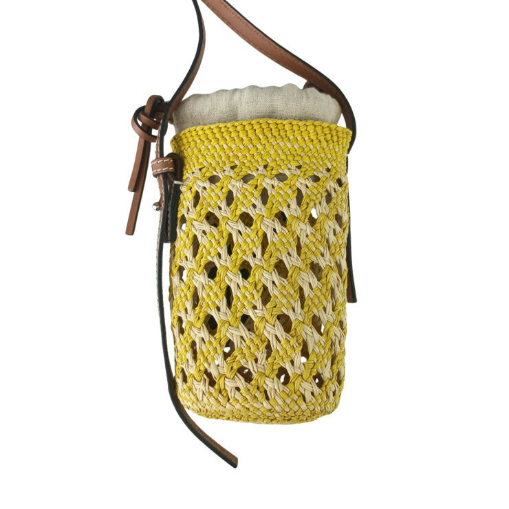 LOEWE ロエベ ショルダーバッグ アナグラム シリンダーポケットショルダーバッグ C630P71X01 イエロー ブラウン ラフィア レザー レディース シルバー金具