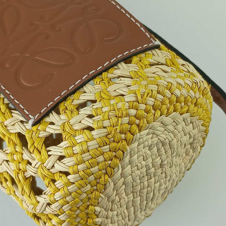 LOEWE ロエベ ショルダーバッグ アナグラム シリンダーポケットショルダーバッグ C630P71X01 イエロー ブラウン ラフィア レザー レディース シルバー金具