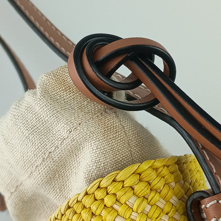 LOEWE ロエベ ショルダーバッグ アナグラム シリンダーポケットショルダーバッグ C630P71X01 イエロー ブラウン ラフィア レザー レディース シルバー金具