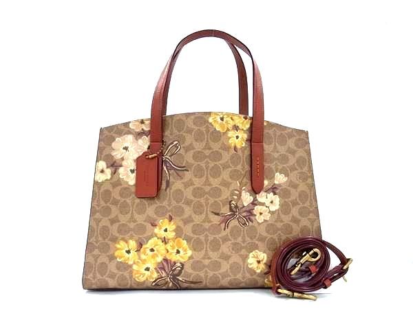 COACH コーチ ハンドバッグ シグネチャー 54650 ベージュ ブラウン PVC レザー レディース 花柄 2WAY 超美品