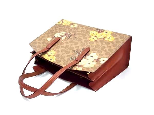 COACH コーチ ハンドバッグ シグネチャー 54650 ベージュ ブラウン PVC レザー レディース 花柄 2WAY 超美品