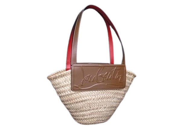 Christian Louboutin クリスチャン ルブタン トートバッグ LOUBISHORE SMALL ルビショア スモール - ナチュラル×ブラウン系 ラフィア×レザー レディース かごバッグ 美品