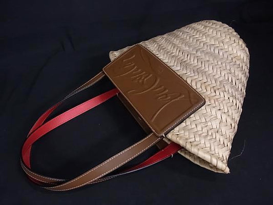 Christian Louboutin クリスチャン ルブタン トートバッグ LOUBISHORE SMALL ルビショア スモール - ナチュラル×ブラウン系 ラフィア×レザー レディース かごバッグ 美品