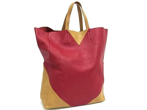 CELINE セリーヌ トートバッグ CABAS カバス 16440 レッド系×ベージュ系 レザー レディース バイカラー 美品