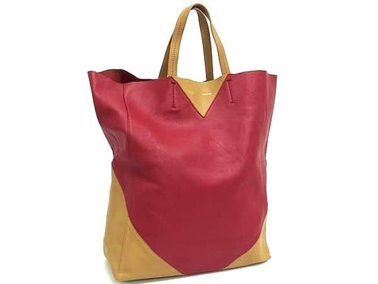 CELINE セリーヌ トートバッグ CABAS カバス 16440 レッド系×ベージュ系 レザー レディース バイカラー 美品