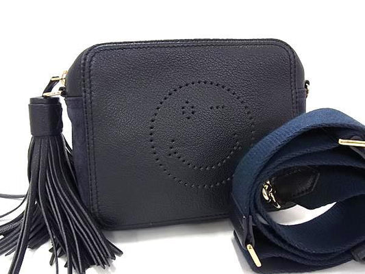 ANYA HINDMARCH アニヤハインドマーチ ショルダーバッグ スマイリー クロスボディバッグ - ネイビー レザー×スエード レディース タッセル付き ポシェット ゴールド金具 美品