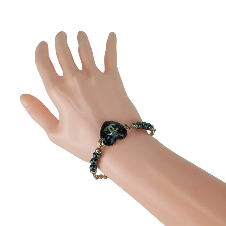 CHANEL シャネル リストウェア ココハート ブレスレット ゴールド ガンメタル系 メタル ラインストーン レディース C23 P 美品