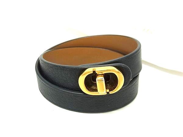 ChristianDior クリスチャンディオール ブレスレット ブラック レザー レディース ロゴ ターンロック 2連 ゴールド金具