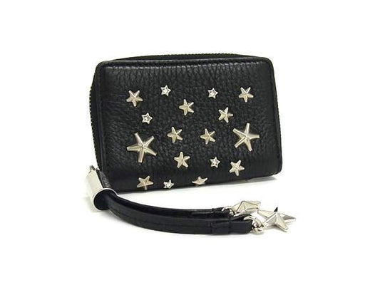 JIMMY CHOO ジミーチュウ コインケース ネリー ブラック レザー レディース ラウンドファスナー スタースタッズ シルバー金具 美品