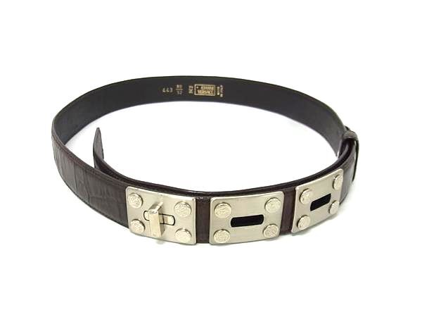 GIANNI VERSACE ジャンニ ヴェルサーチェ ベルト - - ブラウン クロコダイル型押しレザー ユニセックス メデューサ シルバー金具