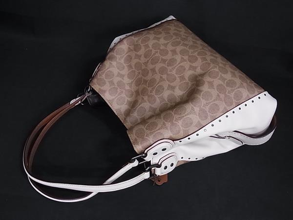 COACH コーチ ハンドバッグ シグネチャー イーディー 30220 ブラウン アイボリー PVC レザー レディース スタッズ ガンメタ金具 美品