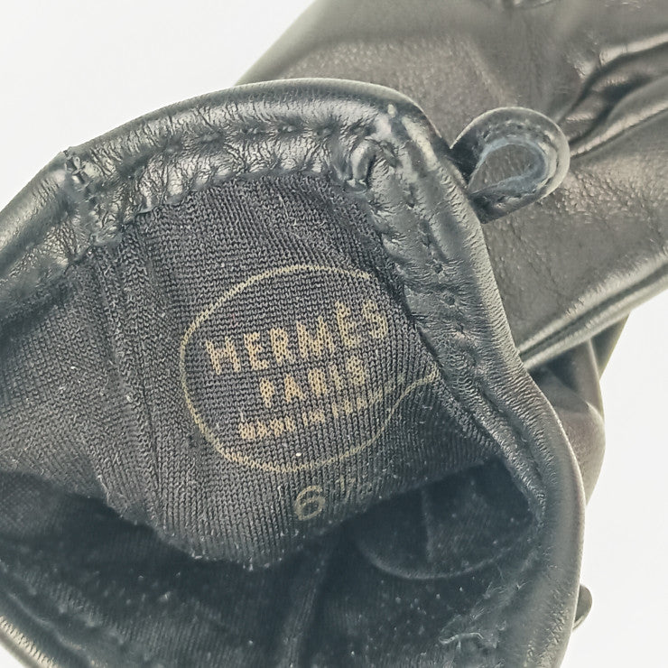 HERMES エルメス 手袋 グローブ ジャンボ ブラック レザー レディース シルバー金具 美品