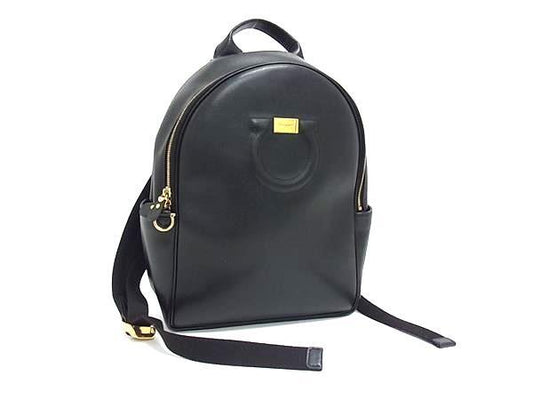 超美品 Salvatore Ferragamo サルヴァトーレ フェラガモ リュックサック ガンチーニ バックパック 21 H008 ブラック ゴールド金具 レザー レディース