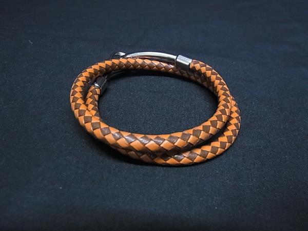 美品 HERMES エルメス チョーカー ジャンボ チョーカー - ブラウン系 オレンジ系 シルバー金具 レザー ユニセックス 2重 ブレスレット 編み込み